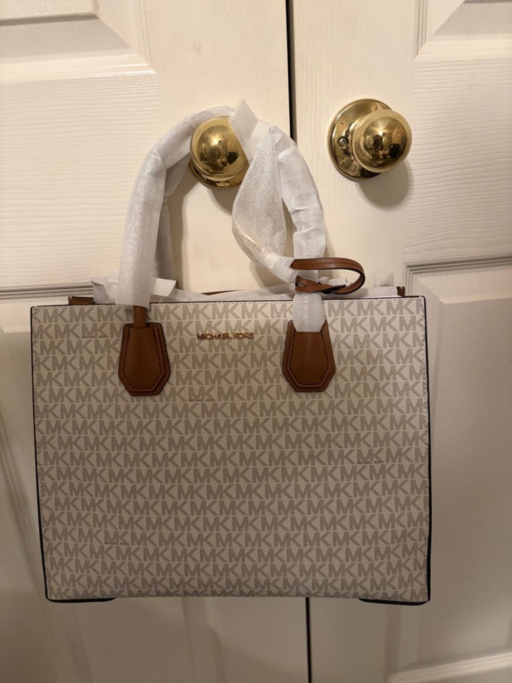 Michael Kors Cream MK Logo Tote with Brown Trim